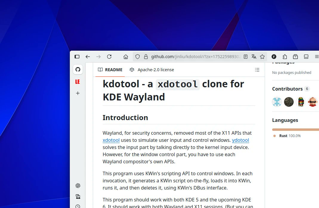 ferramroberto's tweet image. kdotool è uno strumento leggero per l'automazione delle finestre su Wayland, similmente a xdotool ma focalizzato su KDE Plasma. Simula tastiera e mouse per interazioni programmate. #KDE #Linux #UnoLinux linuxeasy.org/kdotool-ossia-…