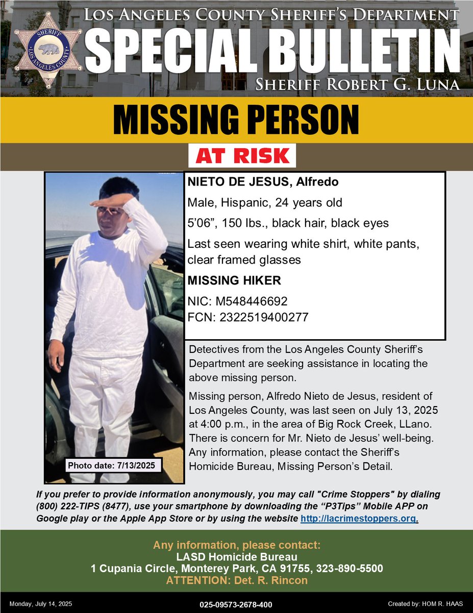 LASDHQ's tweet image. #LASD is Asking for the Public's Help Locating At-Risk Missing Person, Alfredo Nieto De Jesus #Llano
local.nixle.com/alert/11731569/
