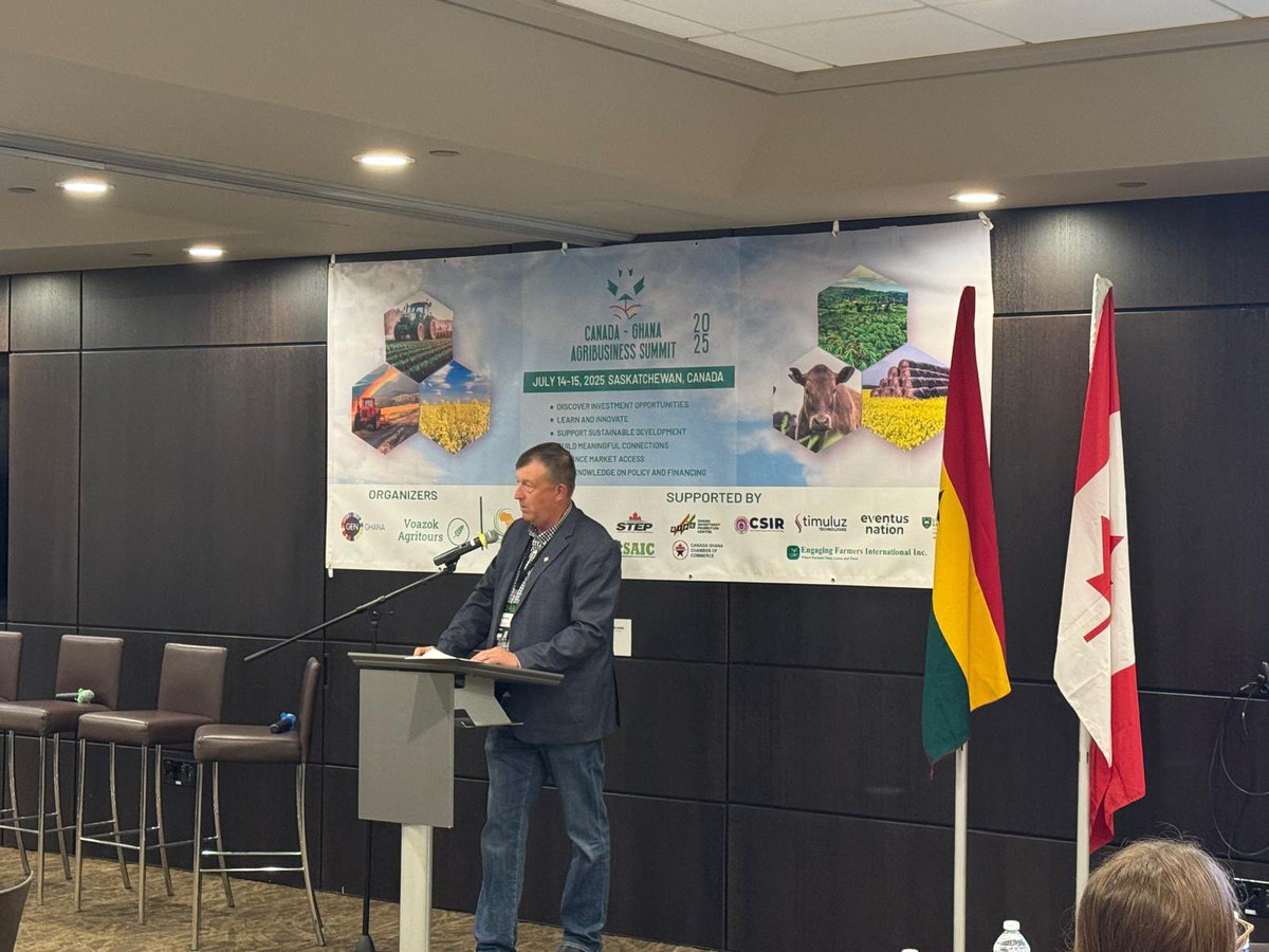 Brett Halstead, Sask Wheat director, presenting at the Canada-Ghana Agribusiness Summit in Saskatoon. The Summit aims to foster partnerships between Canadian &amp; Ghanaian businesses, driving innovation and growth in agribusiness. Brett spoke about "Successful examples of