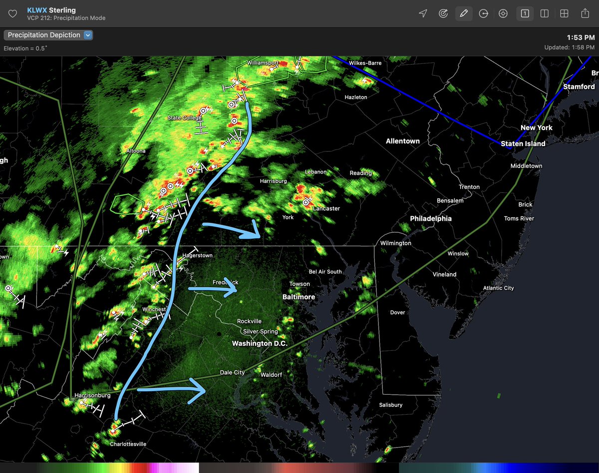 ryankanerWX's tweet image. The current visible satellite paints a good picture of what's occurring. Sctd cells developing ahead of main lifting mechanism off bay breeze boundary. More organized area of convection is ~70 miles west of Bmore moving ~20-25 mph. Meaning worst weather moves through 4-8pm. #MdWx