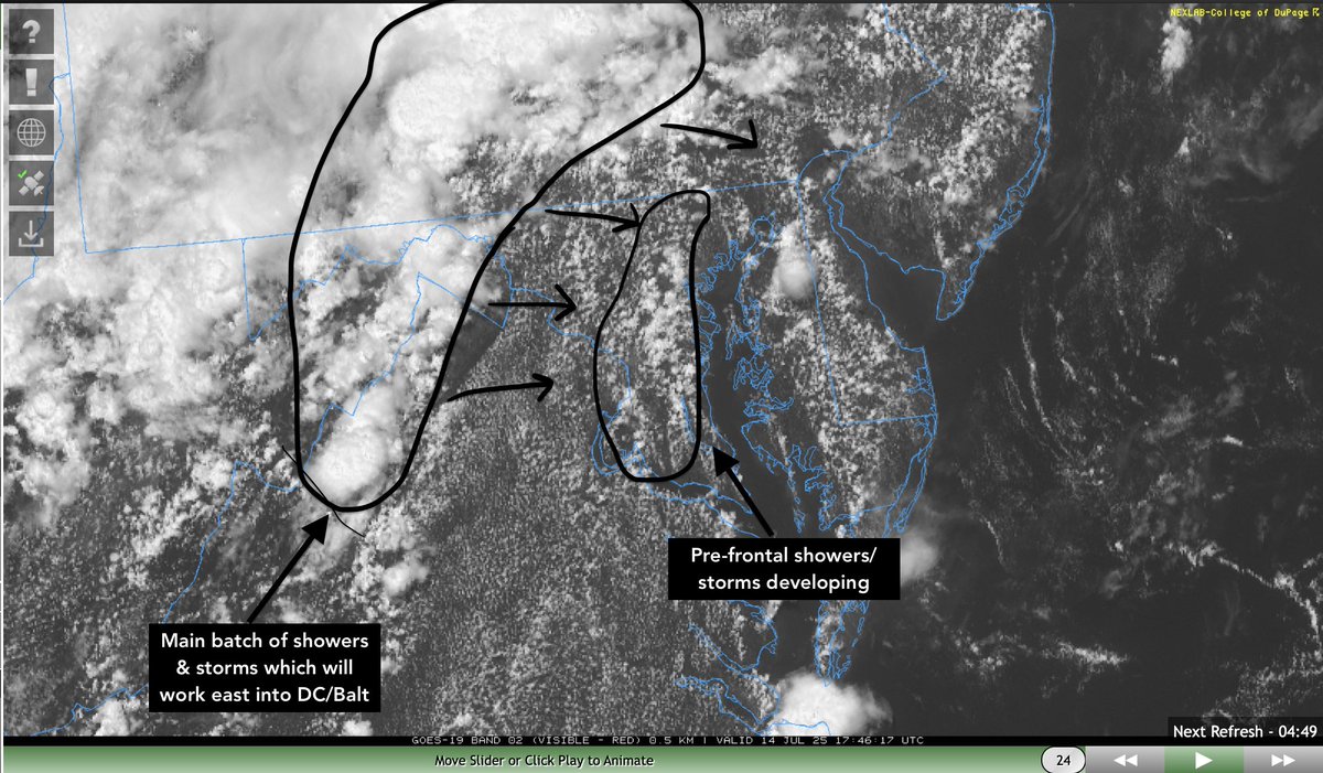 ryankanerWX's tweet image. The current visible satellite paints a good picture of what's occurring. Sctd cells developing ahead of main lifting mechanism off bay breeze boundary. More organized area of convection is ~70 miles west of Bmore moving ~20-25 mph. Meaning worst weather moves through 4-8pm. #MdWx