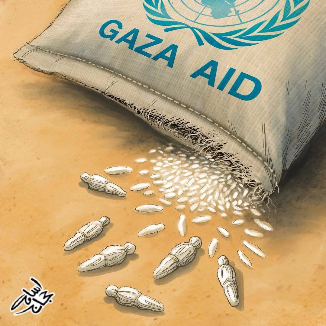A cartoon by Osama Hajjaj depicting the reality of aid distribution sites in Gaza under the Israeli genocide and war of starvation.