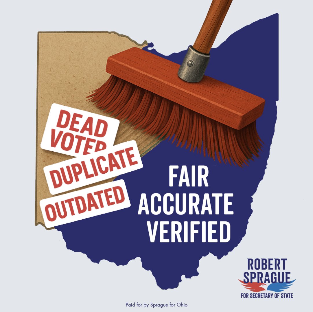 RobertCSprague's tweet image. Ohioans want fair elections. Voter Rolls: Cleaned Up. Dead voters, duplicates, and outdated records: ALL GONE!
When I'm Secretary of State, Ohio will use real-time data to scrub Ohio’s rolls and keep fraud out before it starts.
Clean rolls = fair elections.
