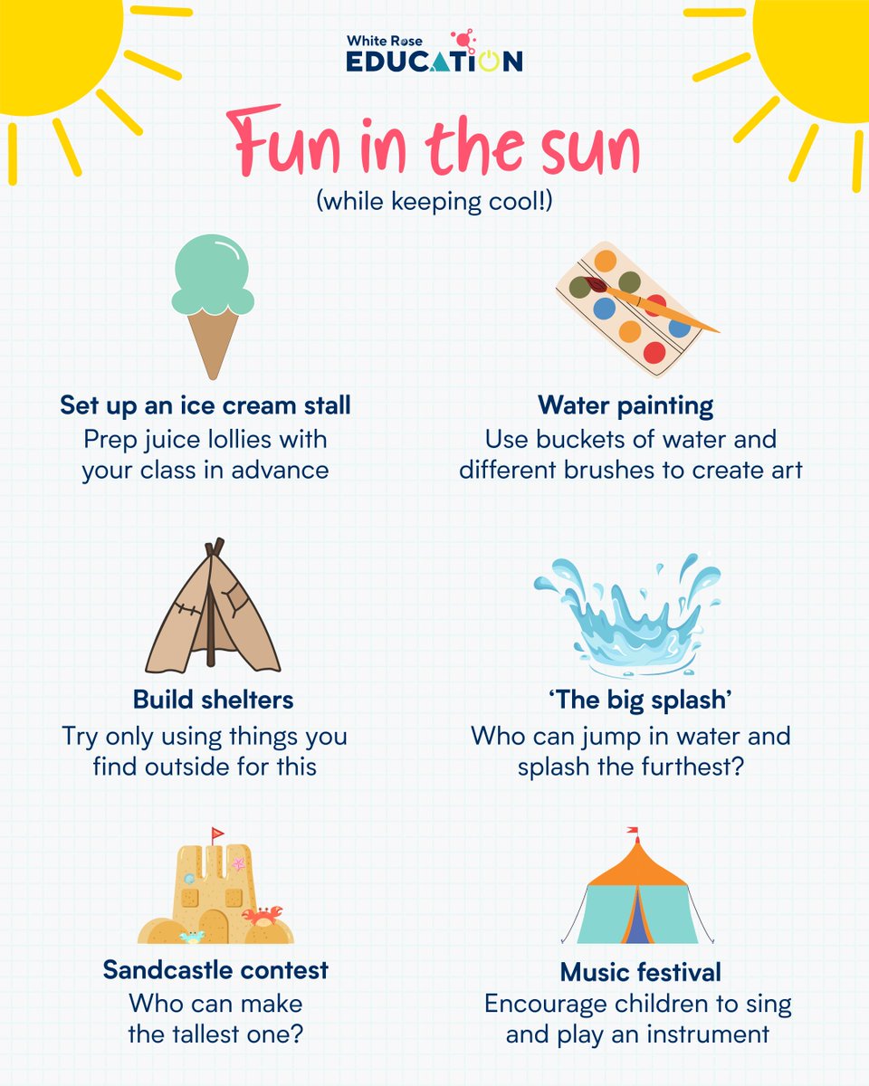WhiteRoseEd's tweet image. The final week of school is here! Looking for some fun activities to do in the sun? We’ve got plenty of sunshine-filled ideas to make the most of it! ☀️
What are your favourite go-to activities to do with your class in the summer? ⛱️