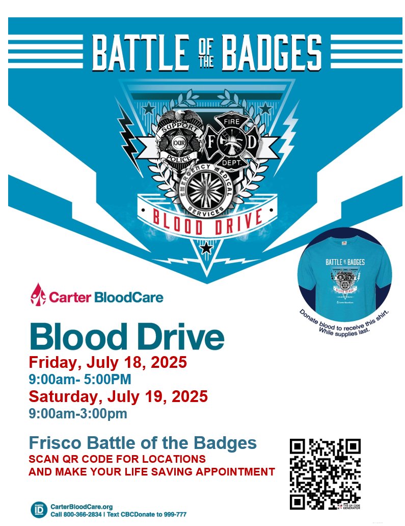 The Frisco Fire Department and Carter BloodCare need your help!!  Donate this Friday or Saturday July 18th &amp; 19th.  O-Negative donors can get a $50 ecard during Friday appointments. Reserve your preferred time at linkmix.co/39991926 or walk-ins welcome too! VOTE for 🚒!!