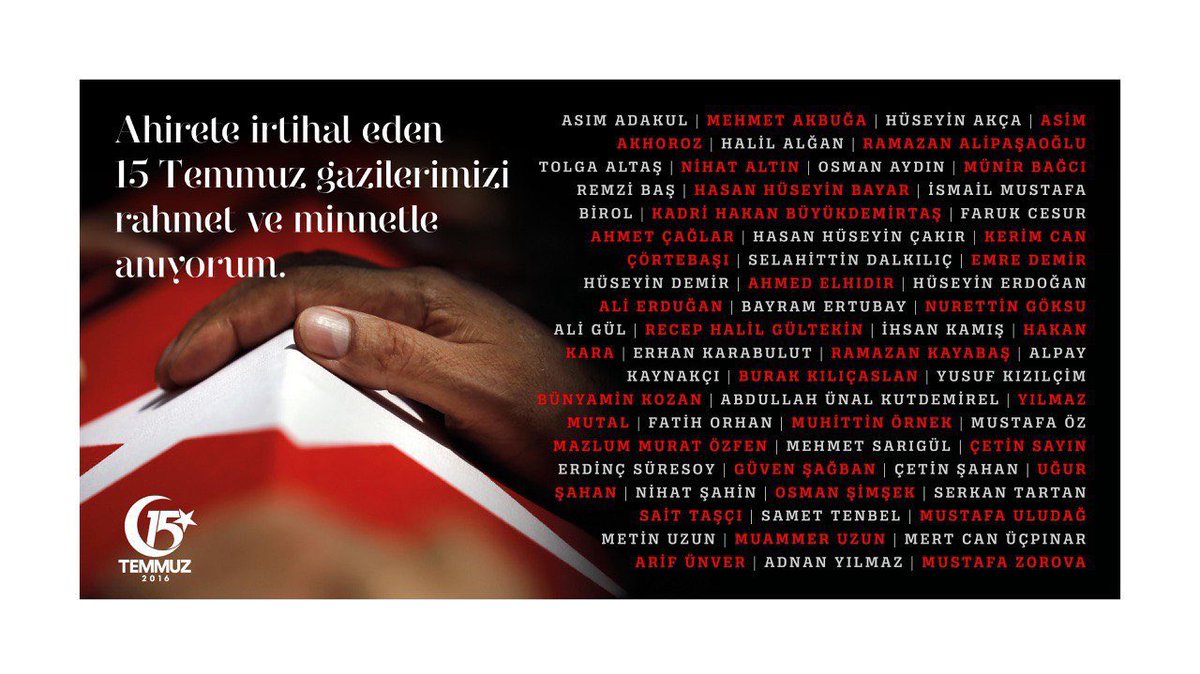 #15Temmuz, sadece bir tarih değil; bir milletin iradesiyle şahlandığı gündür.

O gece gövdesini siper eden aziz şehitlerimizi ve sonradan ahirete irtihal eden kahraman gazilerimizi rahmet, minnet ve hürmetle yâd ediyoruz.

Makamları âli mekanları cennet olsun🇹🇷
#15Temmuz