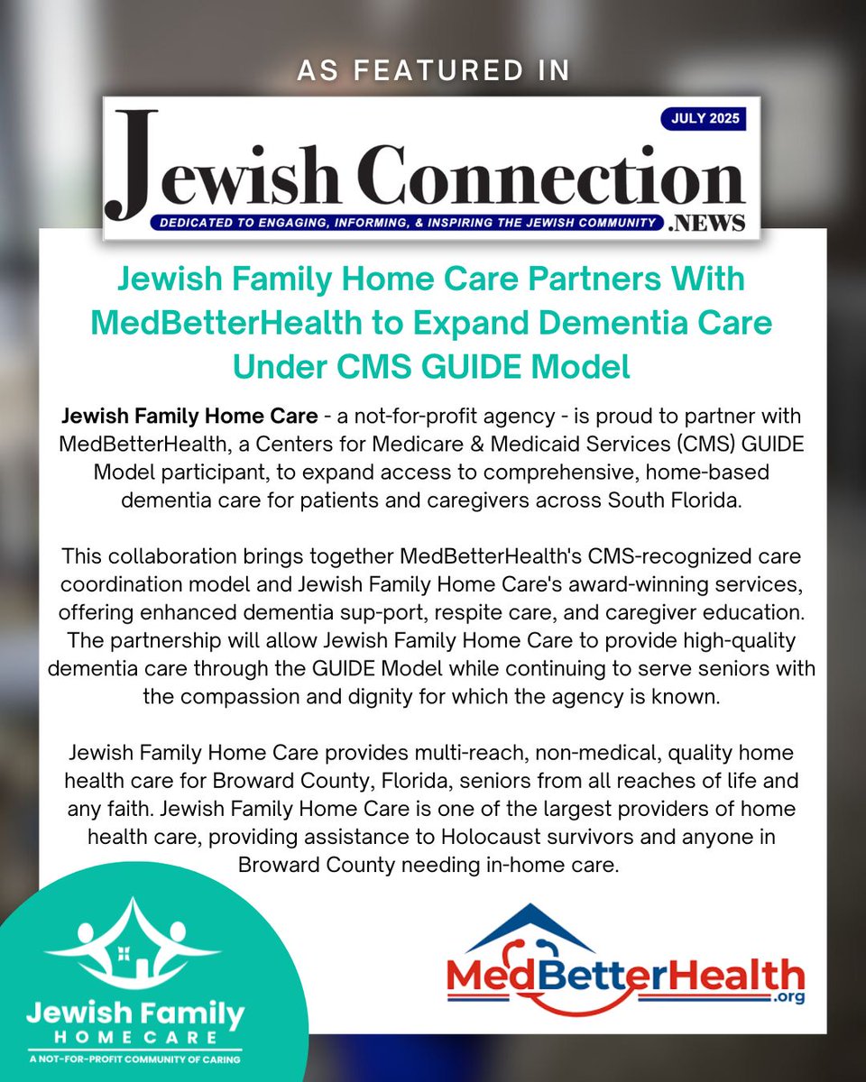 JFHomeCare's tweet image. Jewish Family Home Care is honored to be featured in Jewish Connection as we partner with MedBetterHealth to expand dementia care through the CMS GUIDE Model. This collaboration brings vital, no-cost dementia support to Medicare beneficiaries.
bit.ly/44DE9EP