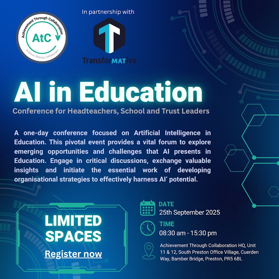 🚨 SIGN UP NOW – FULLY FUNDED 🚨
North West AI in Education Conference 2025

📅 Thurs 25 Sept | 🕘 9–3:30 | 📍Bamber Bridge
🎓 For Headteachers &amp; Trust Leaders
🎟️ 1 FREE place/school

🔗 kingsbridgelearning.my.canva.site/atc-ai-in-educ…

#AIinEducation #EdTech #DfEAI