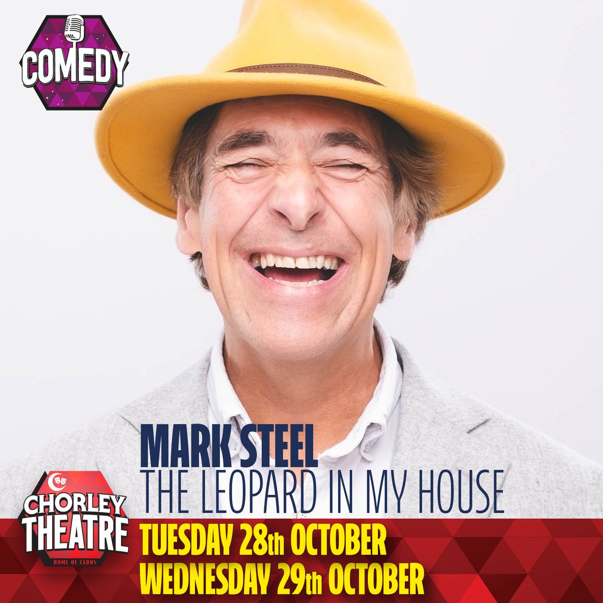 Chorley Theatre 🎭 (@chorleytheatre) on Twitter photo We've added another night of <a href="/mrmarksteel/">Mark Steel</a>'s new show, The Leopard In My House. See this amazing show on Tuesday 28th or Wednesday 29th October. Or even both nights - it's that good!
ticketsource.co.uk/chorleytheatre… We've added another night of <a href="/mrmarksteel/">Mark Steel</a>'s new show, The Leopard In My House. See this amazing show on Tuesday 28th or Wednesday 29th October. Or even both nights - it's that good!
ticketsource.co.uk/chorleytheatre…