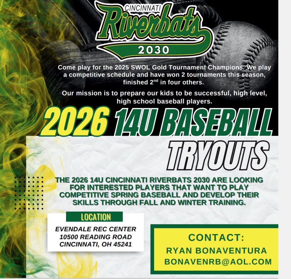 Cincinnati Riverbats (@cincyriverbats) on Twitter photo Our 14U (2026) team coached by Ryan Bonaventura are looking for a few players! Contact Coach Bonaventura at coachbonaventura@cincinnatiriverbats.com or bonavenrb@aol.com for details! Our 14U (2026) team coached by Ryan Bonaventura are looking for a few players! Contact Coach Bonaventura at coachbonaventura@cincinnatiriverbats.com or bonavenrb@aol.com for details!