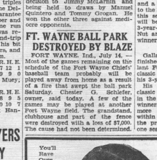 OldFortBBallCo's tweet image. OTD in 1930 the Muncie Evening Press reported that Fort Wayne’s League Park had been destroyed in a fire causing the Chiefs to finish the season on the road.