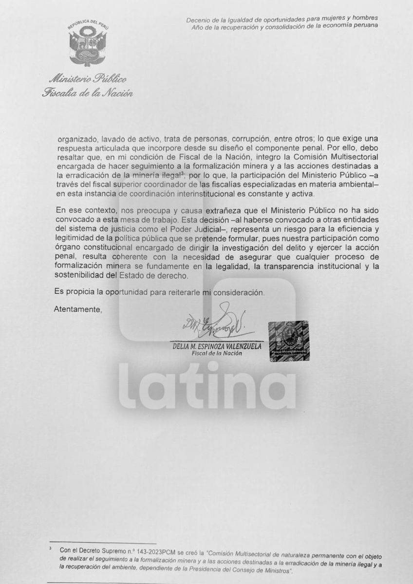 🔴 #URGENTE | Fiscal de la Nación, Delia Espinoza envía oficio a la presidenta Dina Boluarte tras no haberse convocado al Ministerio Público a la mesa de trabajo sobre minería. "Me preocupa y causa extrañeza", dice la carta. Otras entidades del sistema de justicia si fueron