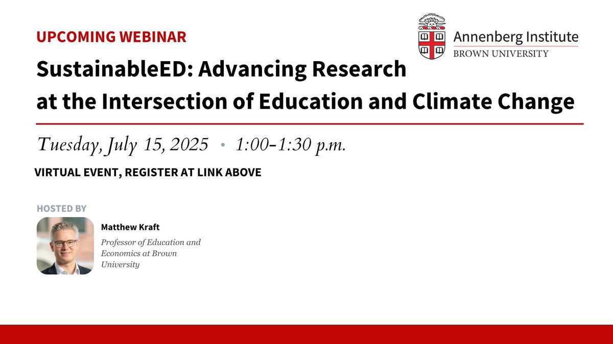 AnnenbergInst's tweet image. 📢 Last day to register!
Join us tomorrow (7/15 at 1PM ET) for the first #SustainableED webinar. Matt Kraft will share insights on the current state of education policy & climate.
Don’t miss it!
📅 Register here: buff.ly/2IrefK2