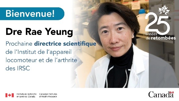 CIHR_IMHA's tweet image. Nous sommes ravis d’annoncer la nomination de la Dre Rae Yeung, sommité de la recherche en maladies inflammatoires infantiles @SickKidsNews @uoftmedicine, au poste de directrice scientifique de l’Institut de l’appareil locomoteur et de l’arthrite des IRSC.
canada.ca/fr/instituts-r…