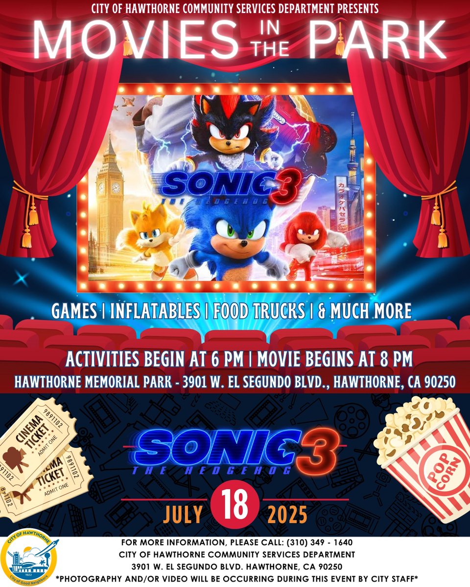 hawthorneCAL's tweet image. Join us this Friday, July 18th for another Movies in the Park experience, this time featuring the movie Sonic the Hedgehog 3! Activities begin at 6pm, and the movie begins around 8pm.
Memorial Park
3901 W. El Segundo Blvd.
#movies #hawthorne #communityservices #family