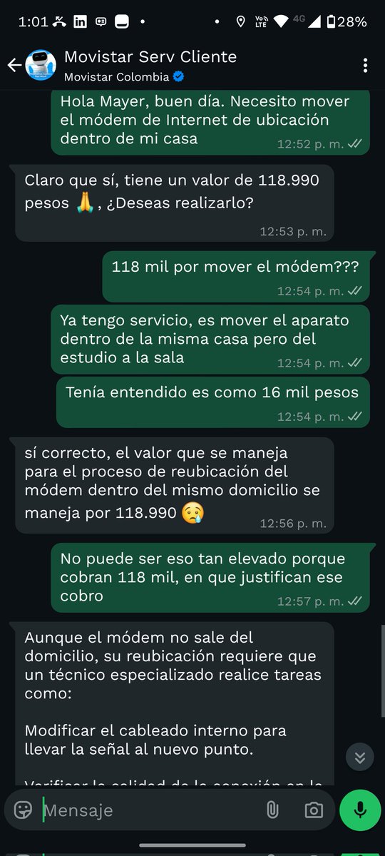 CeSaRBaYoNaO's tweet photo. @MovistarCo @sicsuper es increíble que por mover un módem de un estudio a una sala en mismo domicilio cobren  $118,900.00 , es la tarifa para abrir un plan hogar como cliente nuevo, es un robo. Ni una hora de trabajo de un técnico llega a ese monto. Mayor control https://t.co/uSZhDydjcc