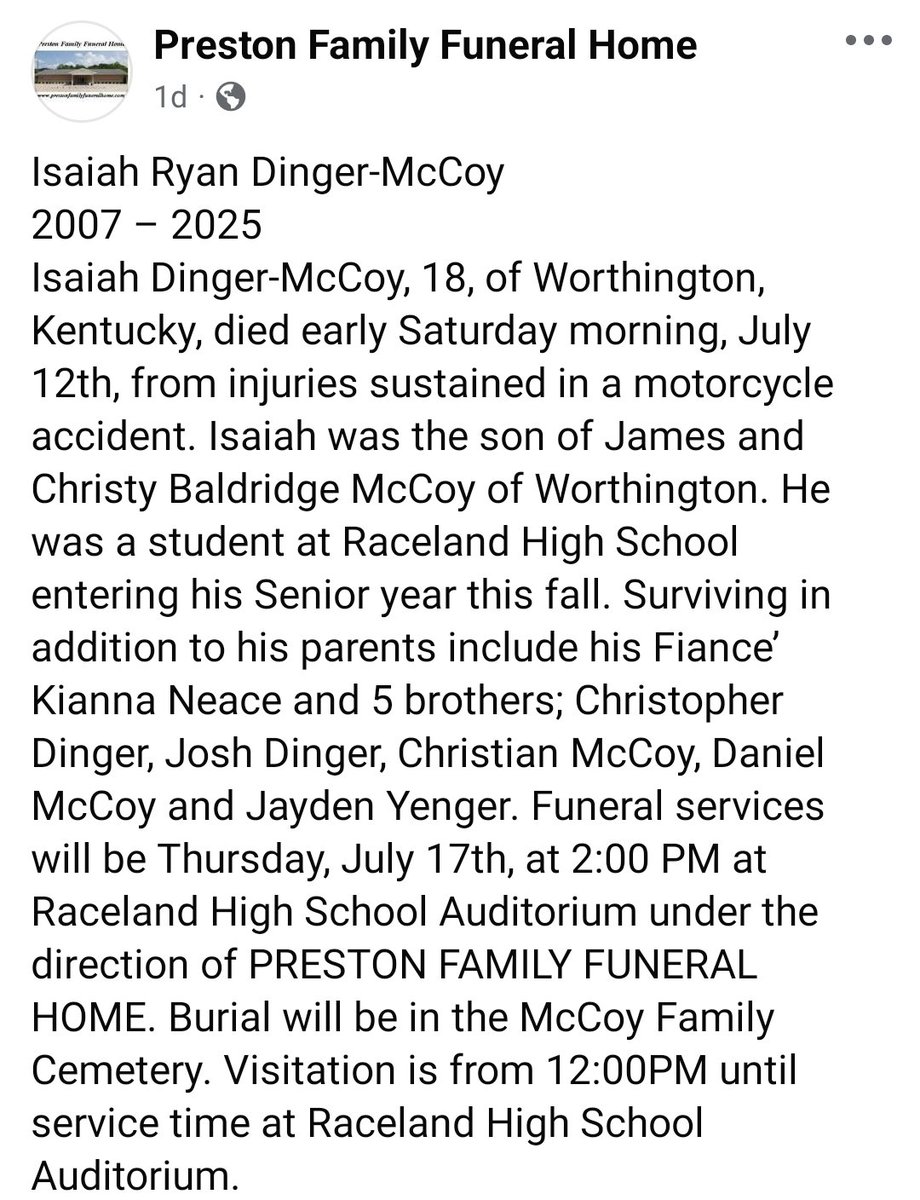 Visitation for this young man will be from 12-2 PM (up until the funeral service) -Thurs. 17th, in our auditorium. The visitation entrance  is front of RWHS- main gym entrance. Family &amp; those going to the cemetery, you will be guided to the appropriate parking in back of school.