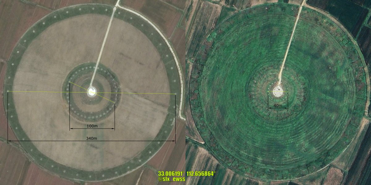 sfx_ewss's tweet image. The largest (340m/100m) #PLA CDAA (monopole) found so far. The existing antennas (40/ring) seem to be still there, but a much smaller circle was added in 2011/2022 with only 40m in diameter &amp;amp; consists of only 20 antenna elements. 

#SIGINT #COMINT #HFDF