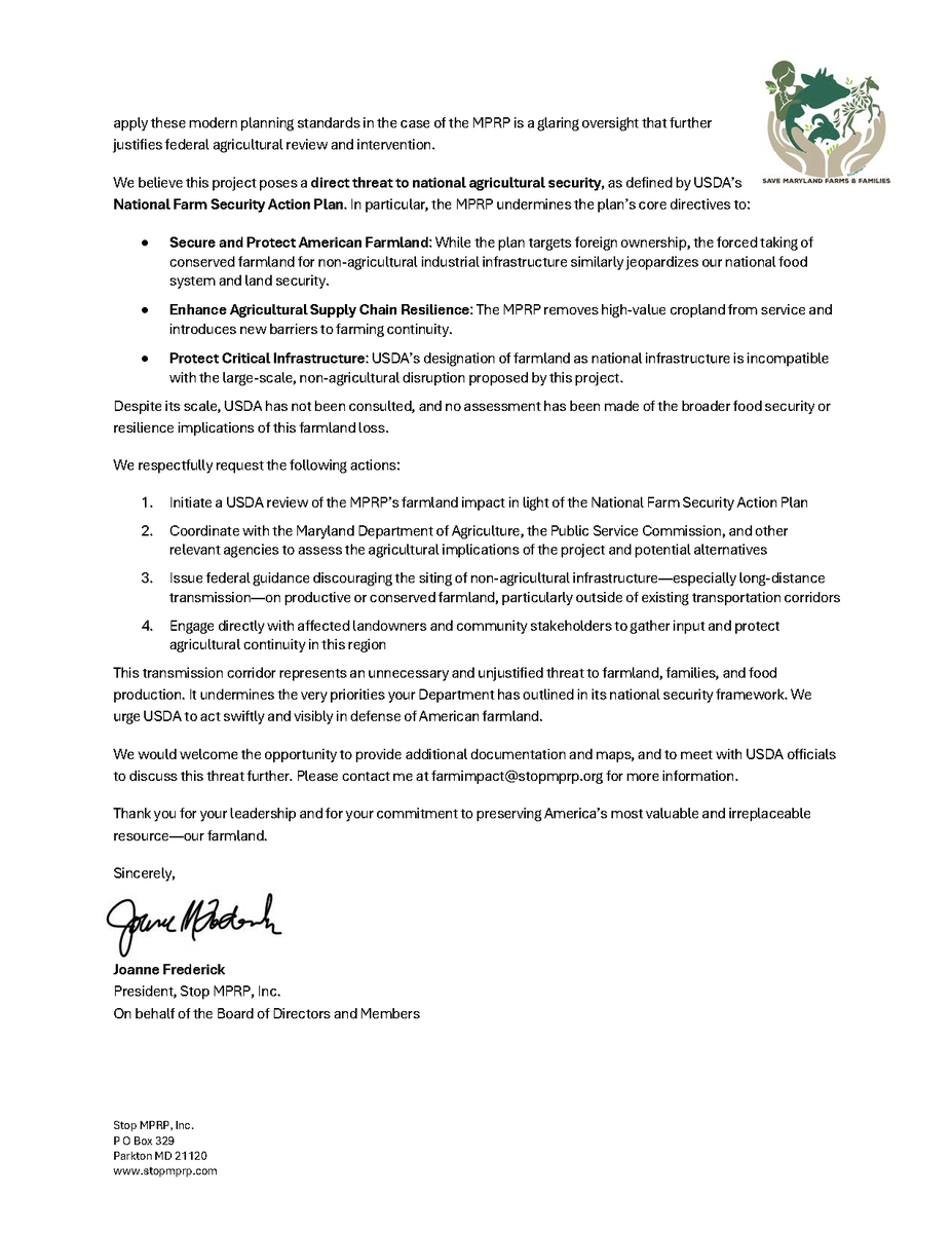 STOPMPRP's tweet photo. We sent a letter to @USDA @SecRollins urging action to stop the #MPRP from destroying 1,200+ acres including 522+ acres of Maryland farmlandโincl. MALPF & conserved land.
This project ignored FERC Order 1920 & threatens our farmers.
#StopMPRP #FarmSecurity #ProtectFarmland https://t.co/AN3vfPhR5k