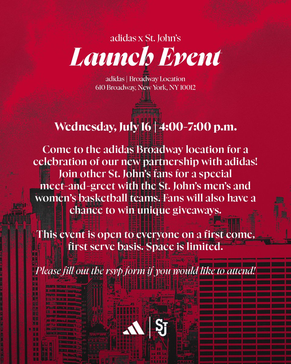 StJohnsRedStorm's tweet image. Come out to the adidas x St. John's Launch Event this Wednesday!! ⚡️
🗓️: July 16
⏰: 4-7 p.m.
📍: 610 Broadway, New York, NY 10012
*This event is open to everyone on a first come, first serve basis. Fans can RSVP at the link below:
forms.office.com/r/jVVtn114Ah