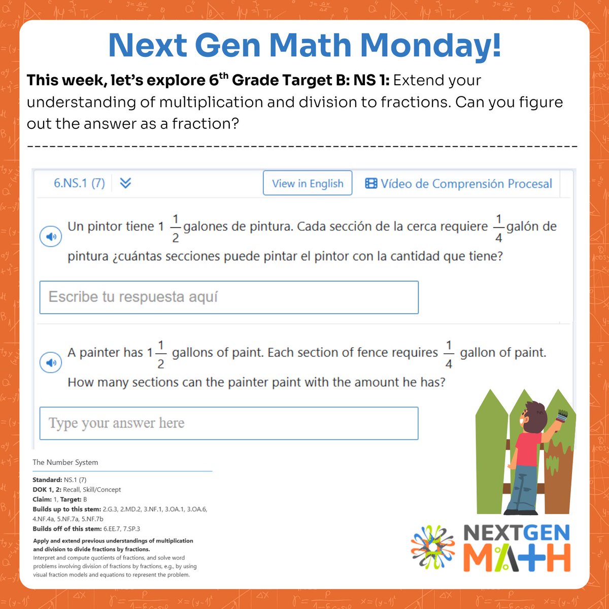 next_gen_math's tweet image. ✏️ Math Monday

6th Grade Fractions Challenge:
A painter has 1 1/2 gallons of paint. Each section uses 1/4 gallon.

How many sections can he cover?
Write your answer as a fraction!

#mathmonday #nextgenmath #fractions #mathisfun