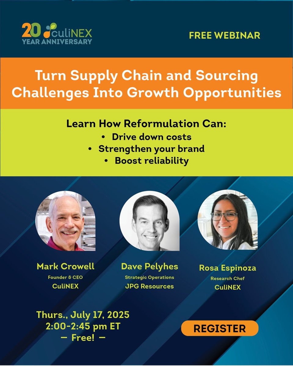 Is your sourcing strategy built to handle disruption?
Join our expert panel to learn how food brands can navigate rising costs, limited availability, and global volatility.
July 17 | 2:00 PM ET 45 minutes of actionable insights
📲 Register here: hubs.li/Q03wHcy70