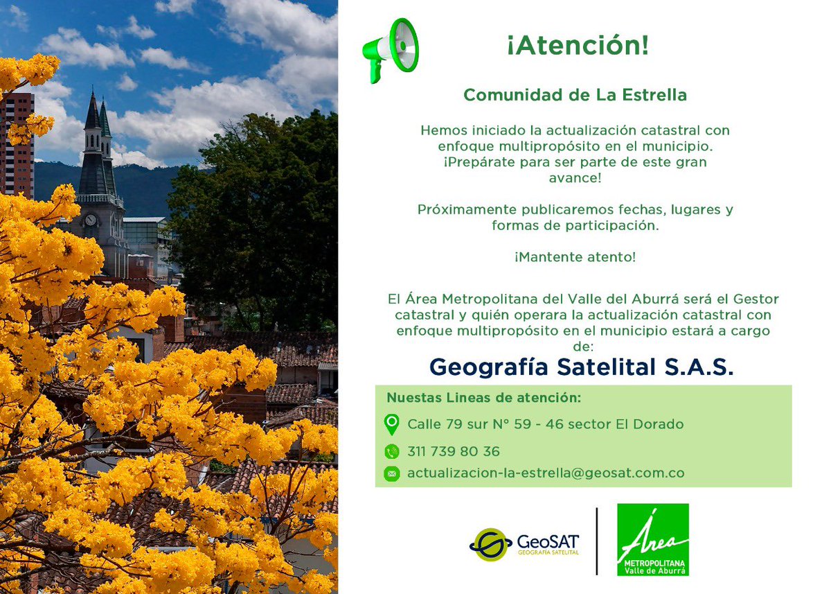📢 ¡Atención, La Estrella!
El Área Metropolitana del Valle de Aburrá ha iniciado la actualización catastral con enfoque multipropósito en nuestro municipio. 🙌🏻

✅ Esta importante labor estará a cargo de Geografía Satelital S.A.S.
¡Muy pronto te contaremos cómo participar! 💯