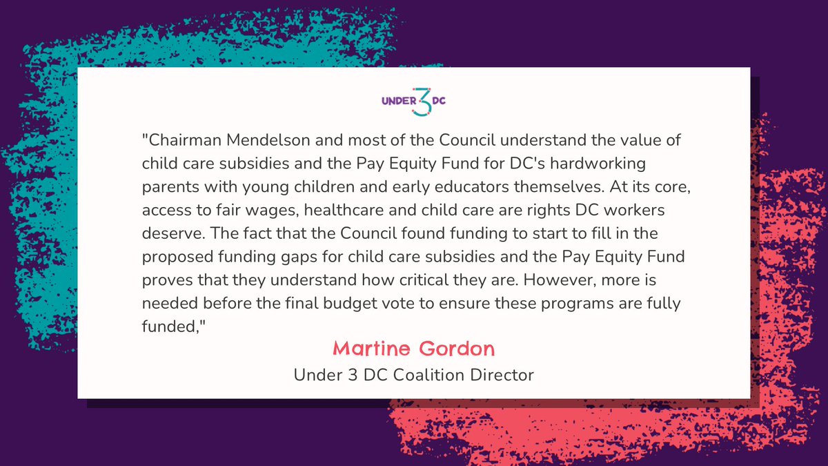 Under3DC's tweet image. @ChmnMendelson and most of the @councilofdc understand the value of #childcare subsidies and the Pay Equity Fund for #WashingtonDC's parents with young children and early educators themselves. The fact that they have found funding to start filling in the proposed gaps proves they…