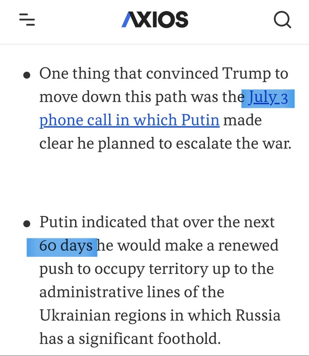 On July 3, Putin told Trump that he plans to continue his offensive in Ukraine over the next 60 days. 

Today, on July 14, Trump gave Putin 50 days,which is all the time he requested.