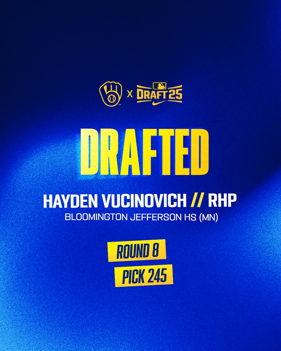 BrewersPD's tweet image. Round 8 / Pick 245
Hayden Vucinovich / Bloomington Jefferson HS (MN)
Welcome to the Crew, @HAYDENVUCINOVI1!
#ThisIsMyCrew