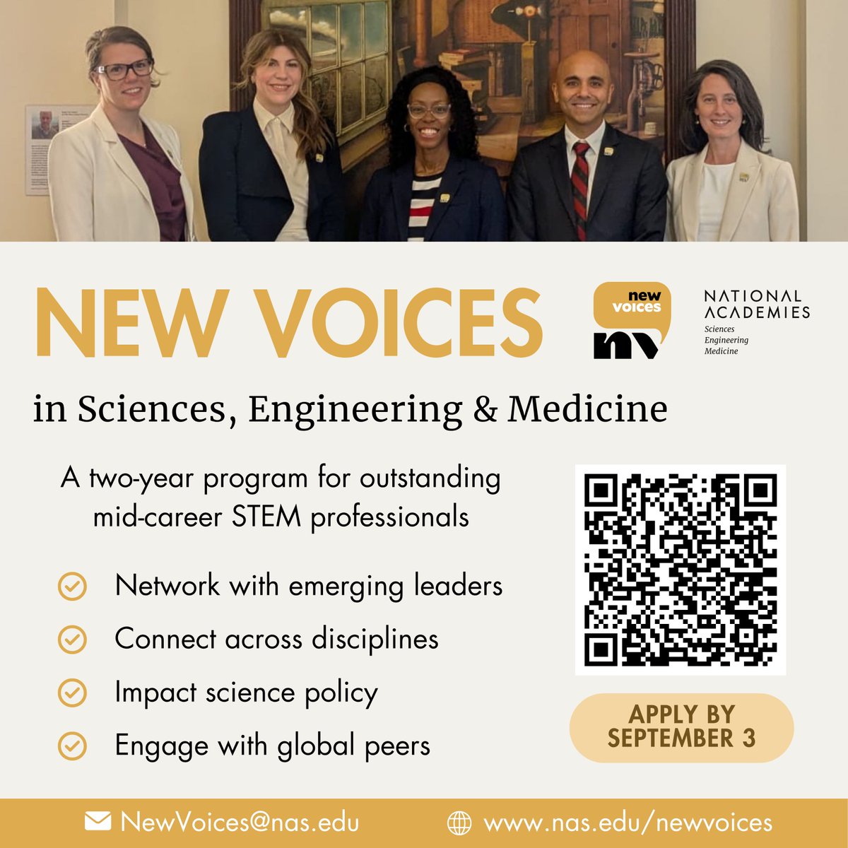 SciCommAwards's tweet image. Applications are open for the @NewVoicesNASEM Program 2026–2028 Cohort!
Join a network of mid-career STEM leaders at @theNASEM tackling national and global challenges.
📅 Application Deadline: September 3, 2025
🔗 Learn more: nationalacademies.org/our-work/new-v…
#NewVoices #scipol #nasem