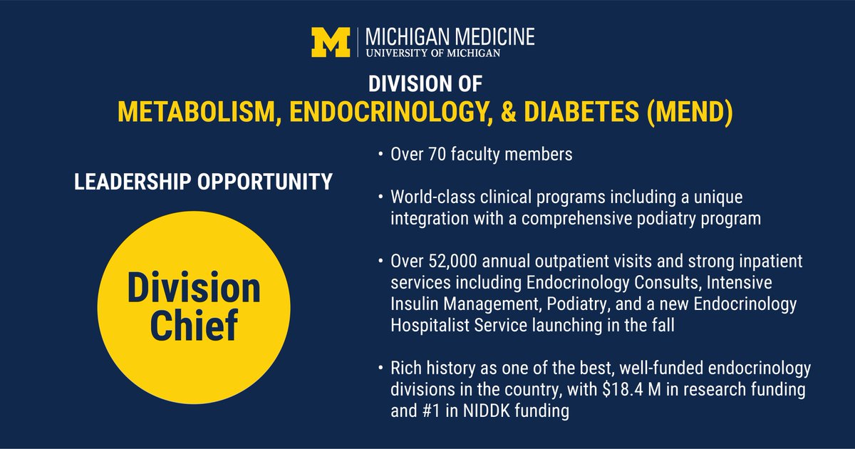 UMIntMed's tweet image. The Division of Metabolism, Endocrinology, &amp;amp; Diabetes (MEND) is seeking an optimistic, collaborative, and creative chief to lead the division in clinical care, research, and education. 

Learn more and apply: medschool.umich.edu/departments/in…