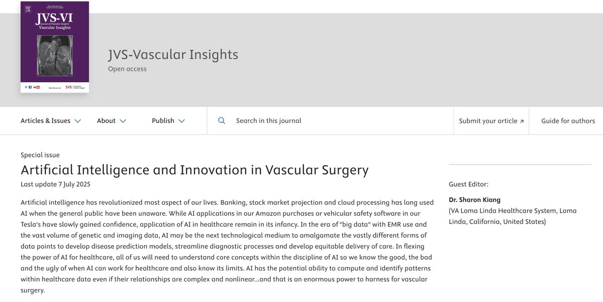 Sharon C. Kiang, M.D., FACS, FSVS, RPVI (@sharon_kiang_md) on Twitter photo Had the honor of being the Guest Editor for JVS-Insights on an edition on AI. Reviews + original works in vasc surg AI. Thanks to <a href="/AnahitaDua/">Anahita Dua MD MS MBA FACS</a> <a href="/RLDalmanMD/">Ron Dalman</a> for the chance. Follow me for more. <a href="/RogerTomihama/">Roger Tomihama</a> <a href="/DrAalami/">Oliver Aalami</a> <a href="/FLareyre/">Fabien Lareyre</a> <a href="/westernvascula1/">@westernvascular</a> <a href="/JVascSurg/">Journal of Vascular Surgery</a> Had the honor of being the Guest Editor for JVS-Insights on an edition on AI. Reviews + original works in vasc surg AI. Thanks to <a href="/AnahitaDua/">Anahita Dua MD MS MBA FACS</a> <a href="/RLDalmanMD/">Ron Dalman</a> for the chance. Follow me for more. <a href="/RogerTomihama/">Roger Tomihama</a> <a href="/DrAalami/">Oliver Aalami</a> <a href="/FLareyre/">Fabien Lareyre</a> <a href="/westernvascula1/">@westernvascular</a> <a href="/JVascSurg/">Journal of Vascular Surgery</a>