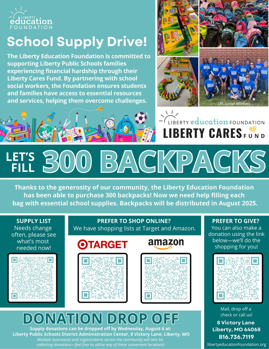 LibertyEdFdn's tweet image. 🎒 Help Us Fill Backpacks! We’ve purchased 300 backpacks for @LIBERTYSCHOOLS students—now we need your help filling them with supplies!
🛒 Shop your favorite store or our wish lists by Aug 8
➡️ Details @ bit.ly/46MIUhY
💛 Let’s send our students back to school prepared!