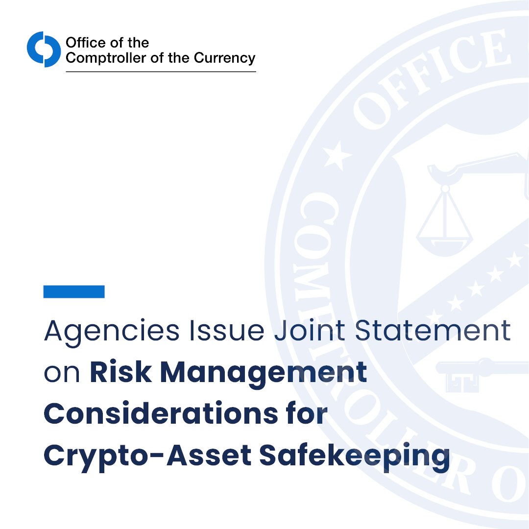 USOCC's tweet image. Banks may provide safekeeping for crypto-assets in a fiduciary or a non-fiduciary capacity. Read about the potential risk-management considerations related to holding crypto-assets on their customers’ behalf. occ.gov/news-issuances…