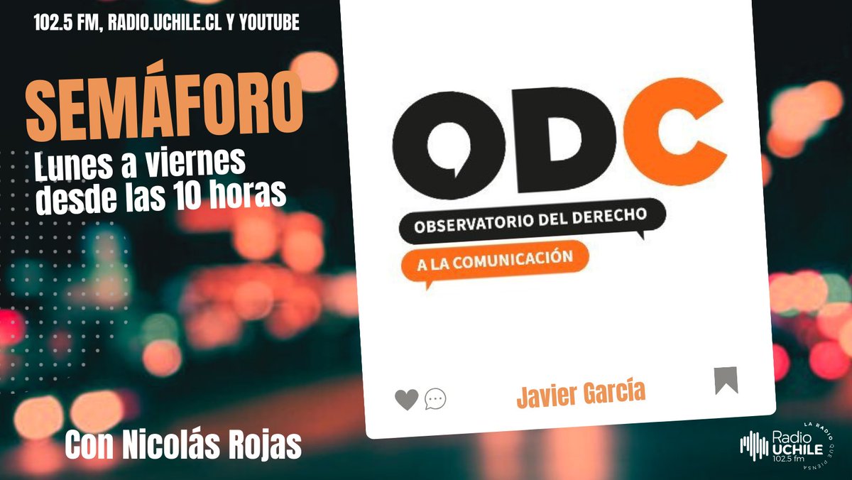 Diario-Radio UChile (@uchileradio) on Twitter photo AHORA en #Semáforo: el presidente del <a href="/OdcChile/">Observatorio del Derecho a la Comunicación ODC</a>, Javier García, aborda un reciente estudio acerca del aumento de las vulneraciones en contra de la prensa en Chile durante los últimos años.
📻102.5 FM
💻radio.uchile.cl AHORA en #Semáforo: el presidente del <a href="/OdcChile/">Observatorio del Derecho a la Comunicación ODC</a>, Javier García, aborda un reciente estudio acerca del aumento de las vulneraciones en contra de la prensa en Chile durante los últimos años.
📻102.5 FM
💻radio.uchile.cl