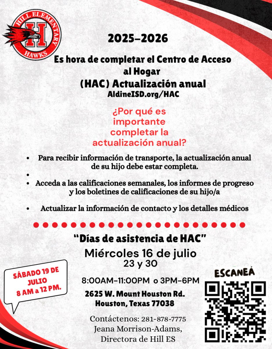 📣 Hill Elementary Families!
It’s time to complete your HAC Annual Update for the 2025–2026 school year! 📝 

📌 See the flyer below for more information!

<a href="/AldineISD/">Aldine ISD</a> <a href="/JeanaMAdams/">Jeana Morrison Adams</a> 

#HillHawks #AldineISD #BackToSchool