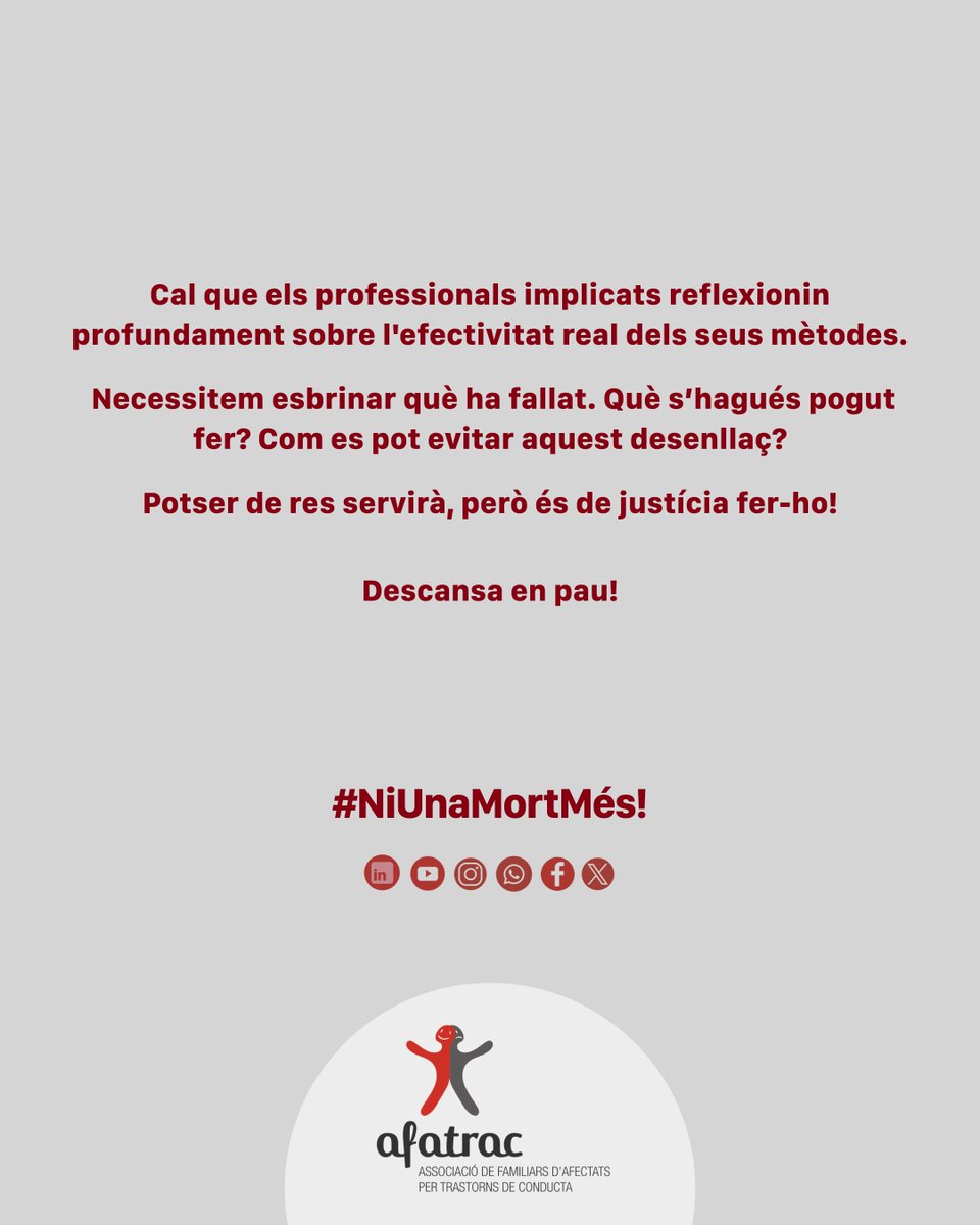 afatrac's tweet image. 🕯 El 7 de juliol van trobar la T. morta en un hostal.
⚰️ És la 10a víctima entre els fills/filles d’AFATRAC.
❓ Quina responsabilitat tenen les institucions? Què ha fallat?
🕊 Descansa en pau.
#NiUnMortMés #SalutMental #AltaComplexitat #DretsHumans #AFATRAC