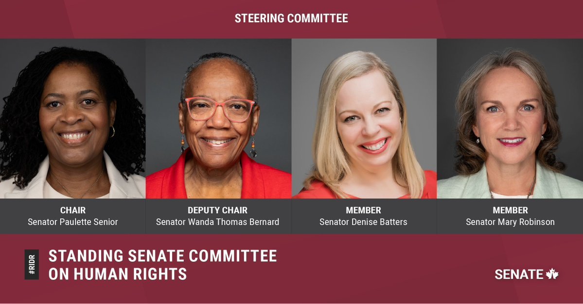 SenateCA's tweet image. The chair of the Senate Committee on Human Rights is Senator @PauletteSenior1, the deputy chair is @SenatorWanda, and the other members of steering are senators @denisebatters and @Agproudmary : buff.ly/eY95PkT
#SenCA #RIDR #CdnPoli #PolCan