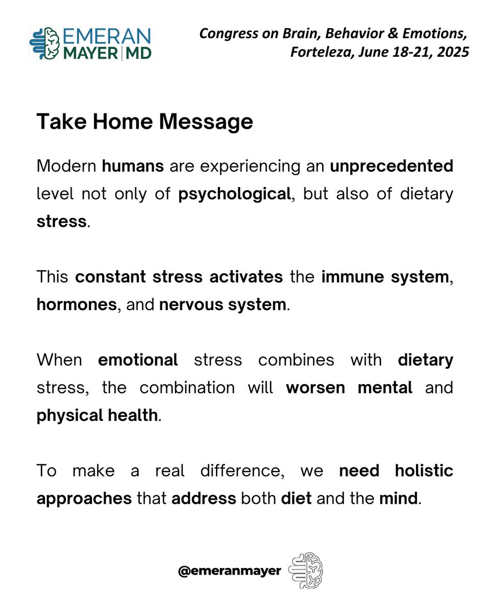 EmeranMayerMD's tweet image. Chronic stress doesn’t just affect your mind—it disrupts your gut, hormones, and immune system too.
Modern life is flooding our bodies with psychological and dietary stress.
What’s one habit that helps you manage stress and protect your gut?