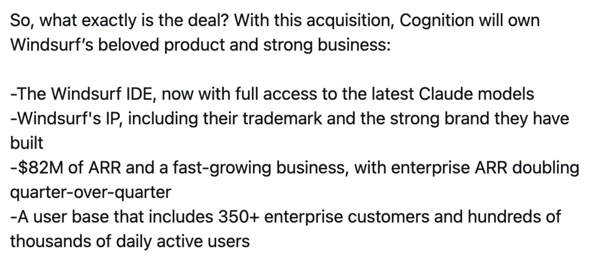 tanayj's tweet image. Cognition is acquiring (what remains of) Windsurf
It still has $82M in ARR with 100K+ daily active users