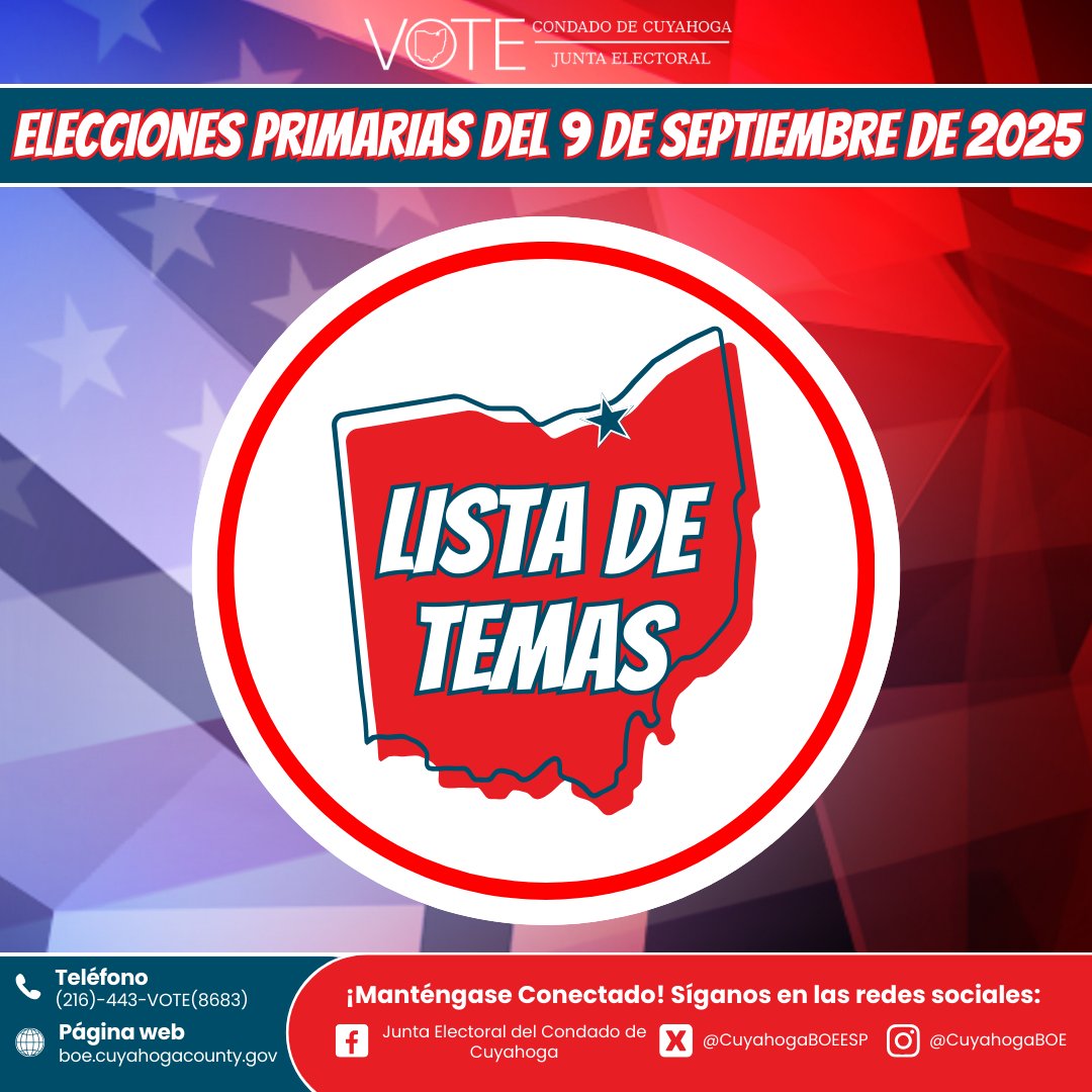 🗳️ 9 de septiembre de 2025 Elección Primaria

Los votantes de determinadas zonas decidirán:

Alcalde Recall:
📍 Cleveland Heights

Opciones locales de licor:
📍 Cleveland - Ward 7 Precinto J
📍 Lakewood - Ward 1 Precinto B

🔗 Lista completa: boe.cuyahogacounty.gov/docs/default-s…