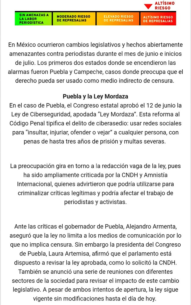 La organización <a href="/PropuestaCivica/">Propuesta Cívica AC</a> presenta la primera edición del Censurómetro, una radiografía mensual que toma el pulso a la libertad de expresión en México. 

Destaca el caso de Puebla y su Ley Mordaza, también conocida como Ley Censura o Ley de Ciberasedio.