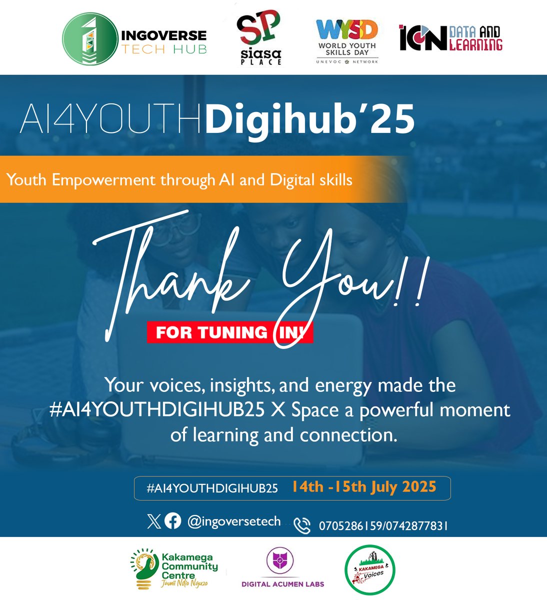 Ingoverse Tech Hub (@ingoversetech) on Twitter photo 🫶🏽 Thank You for Tuning In!
Your voices, insights, and energy made the #AI4YOUTHDIGIHUB25 X Space a powerful moment of learning and connection. <a href="/LikComEmpOrg/">Likuyani Community Empowerment Organization</a>
#WorldYouthSkillsDay #AI4Youth <a href="/NYC_YouthVoice/">National Youth Council Kenya</a> 🫶🏽 Thank You for Tuning In!
Your voices, insights, and energy made the #AI4YOUTHDIGIHUB25 X Space a powerful moment of learning and connection. <a href="/LikComEmpOrg/">Likuyani Community Empowerment Organization</a>
#WorldYouthSkillsDay #AI4Youth <a href="/NYC_YouthVoice/">National Youth Council Kenya</a>