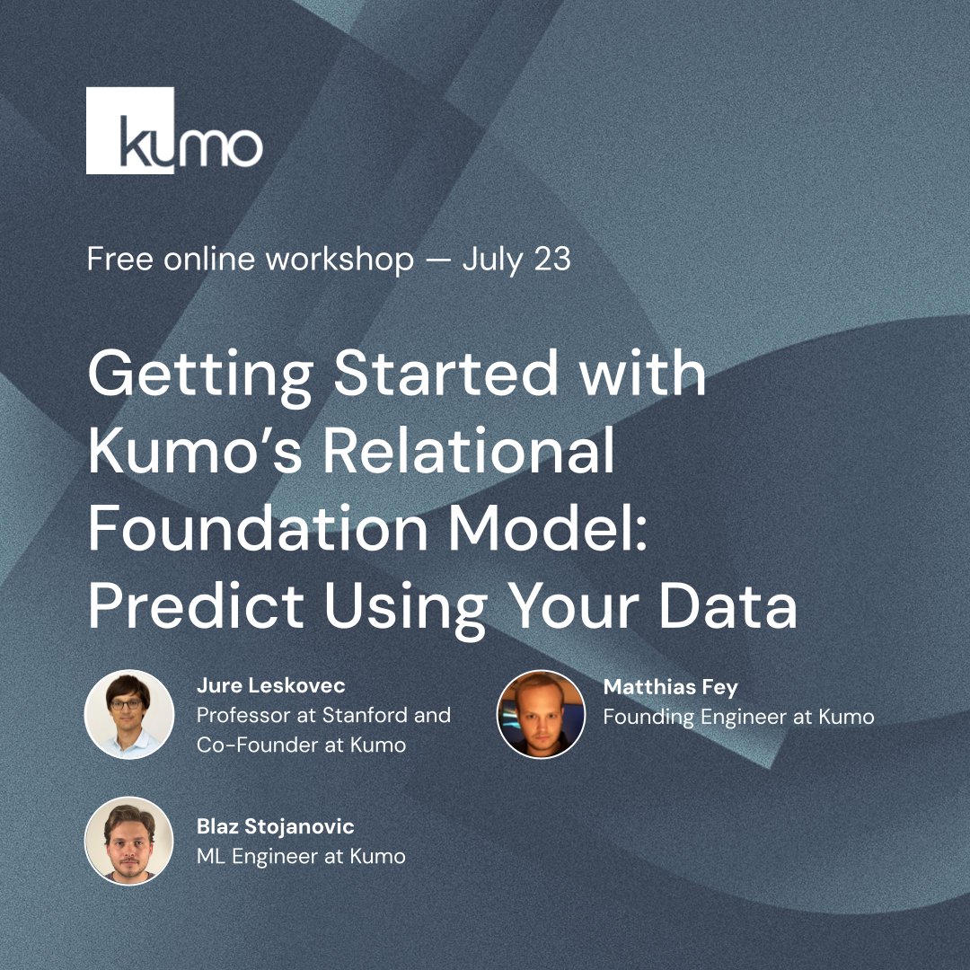Kumo_ai_team's tweet image. Join us on July 23 for the next session in the KumoRFM online workshop series. Learn how to connect data, run predictions, and streamline predictive workflows using relational data.
Register: zoom.us/webinar/regist…