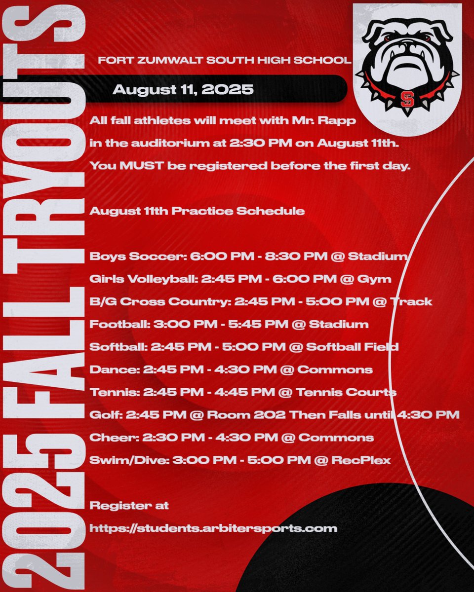 We are less than a month away from the start of the Fall 2025 Athletic Season! Make sure you are registered at  students.arbitersports.com/programs/fort-…

Here's our August 11th Schedule for practices