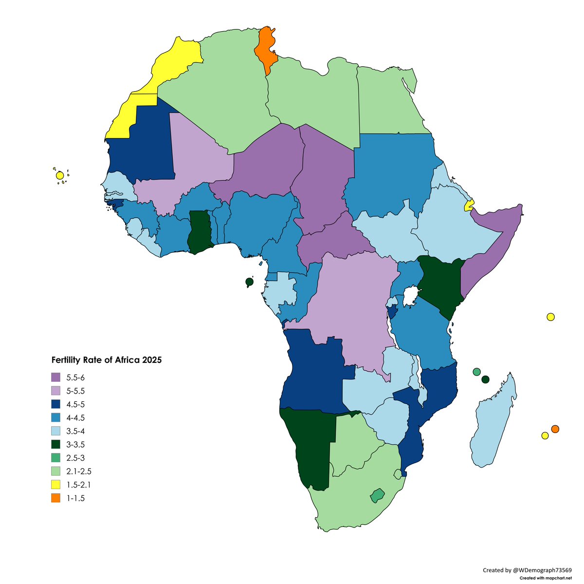 WDemograph73569's tweet image. The fertility Rate of Africa as of 2025. Africa remains the only continent with above replacement fertility rates.