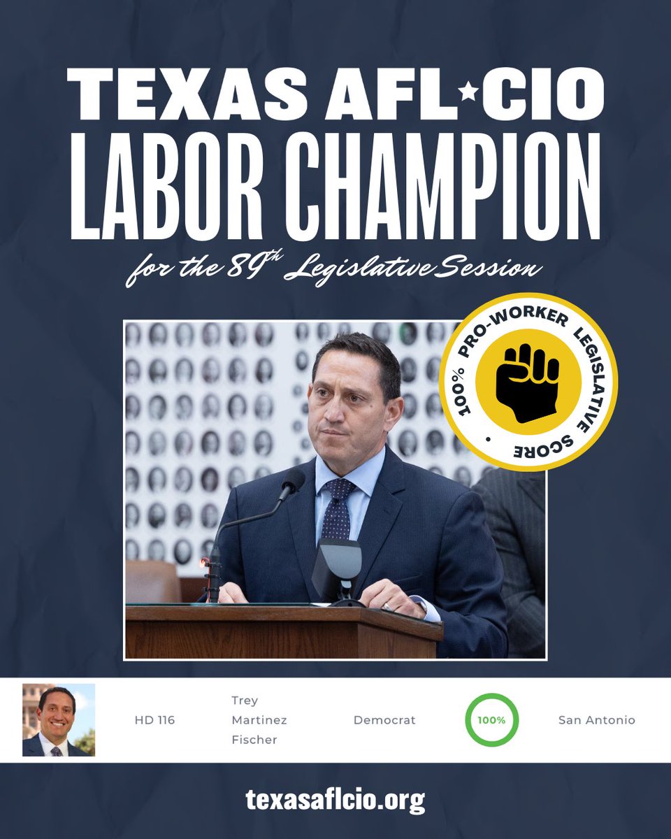 TMFtx's tweet image. Thank you to @TexasAFLCIO for naming me a Texas Labor Champion! I earned a 100% on their Pro-Worker Scorecard for my work in the Texas House this Legislative Session. I’m honored to represent a district full of hardworking folks, and I will continue to fight on behalf of all…