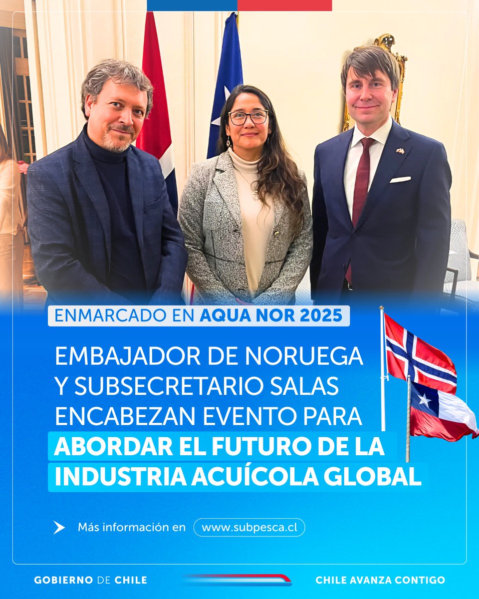Subpesca 🐟🇨🇱 (@subpescacl) on Twitter photo 🌊 Chile y Noruega proyectan juntos el futuro de la acuicultura global.
En la antesala de Aqua Nor 2025, Subpesca y la Embajada de <a href="/NoruegaEnChile/">Noruega en Chile</a> reunieron a actores clave del sector para fomentar la colaboración y coordinación en la industria.
🔗 bit.ly/46bd0f6 🌊 Chile y Noruega proyectan juntos el futuro de la acuicultura global.
En la antesala de Aqua Nor 2025, Subpesca y la Embajada de <a href="/NoruegaEnChile/">Noruega en Chile</a> reunieron a actores clave del sector para fomentar la colaboración y coordinación en la industria.
🔗 bit.ly/46bd0f6