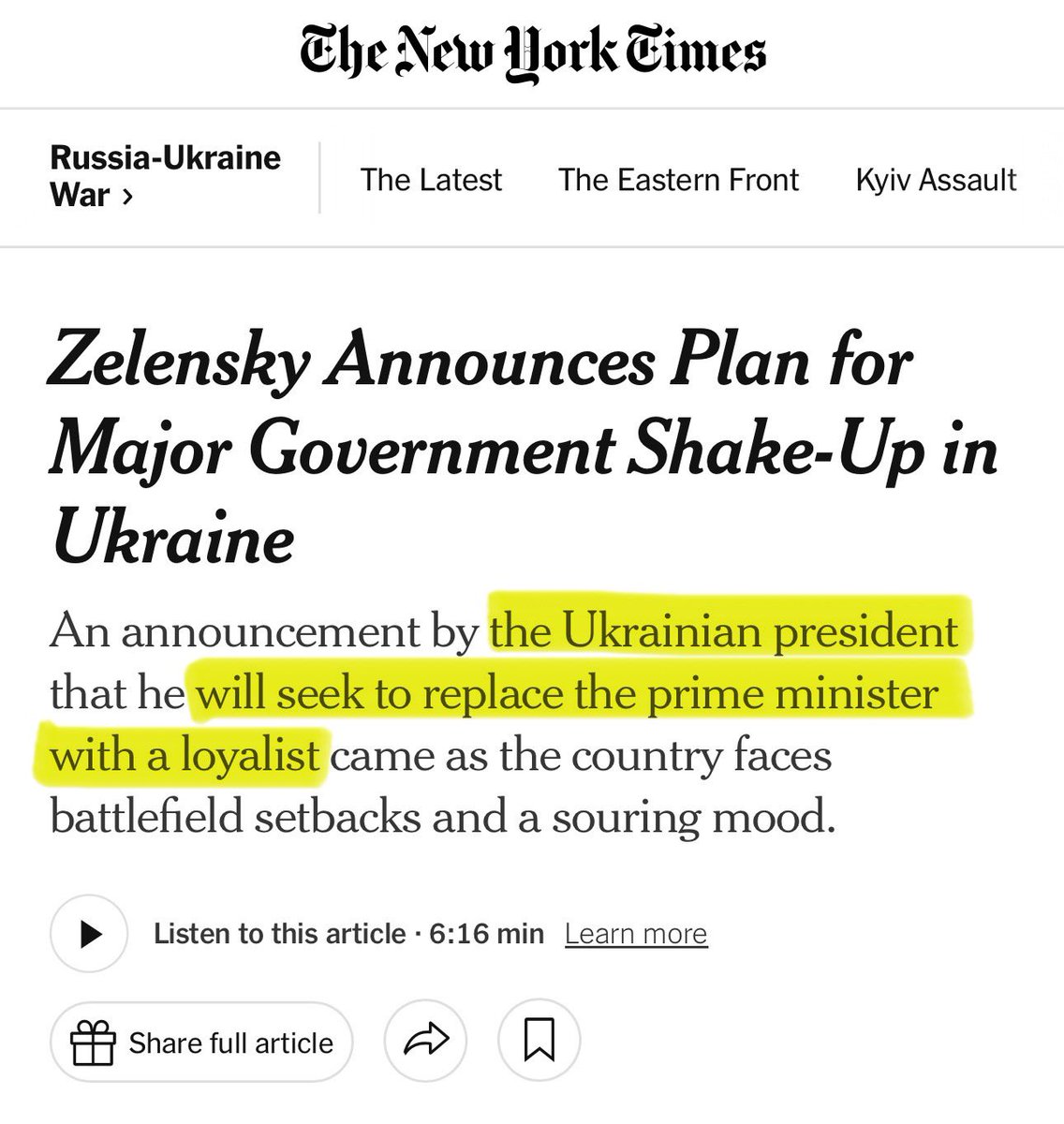 wyattreed13's tweet image. The New York Times appears to be turning on Zelensky, accusing him of replacing the Prime Minister with a “loyalist.”
The Times they are a-changin’